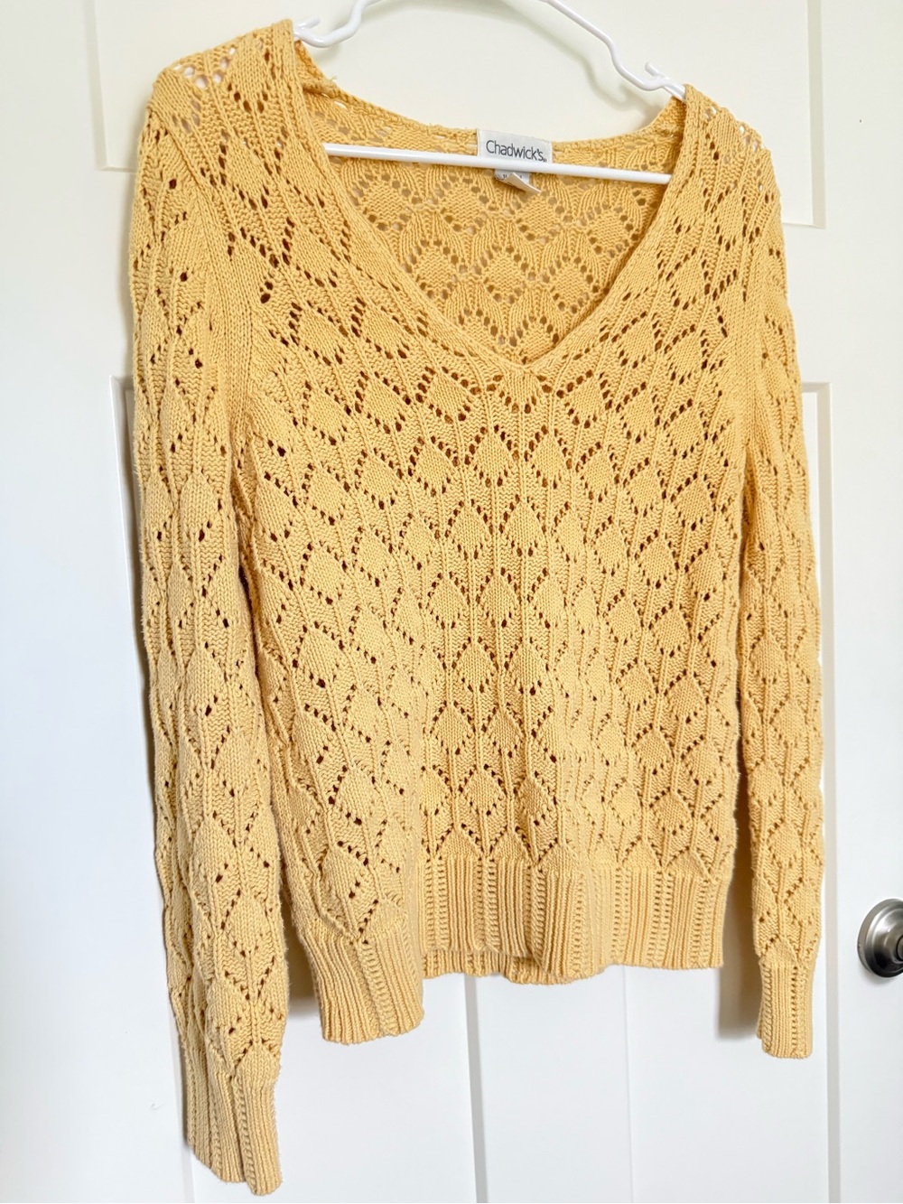 Chadwicks V-Neck Openwork Knit Sweater in Yellow